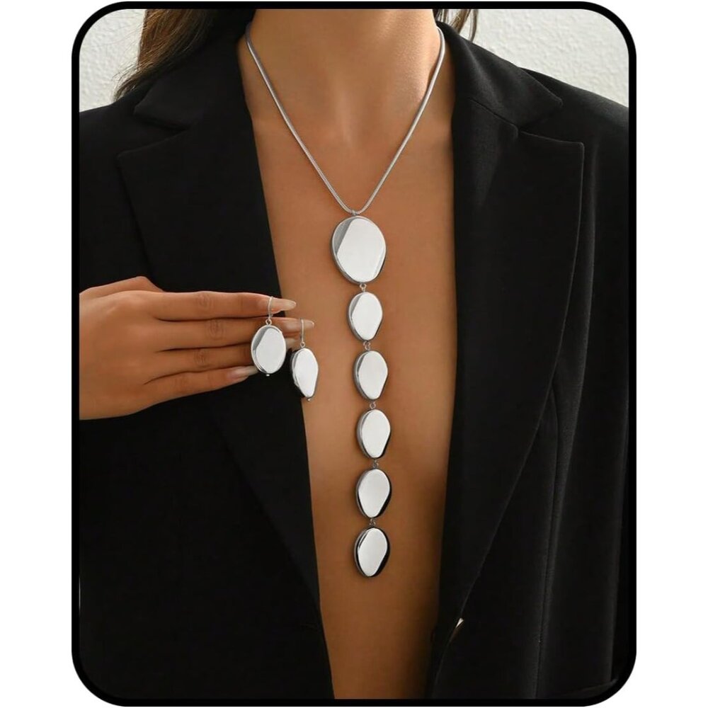Chunky Geometric Pendant Necklace and Earrings Set Silver Statement Jewelry